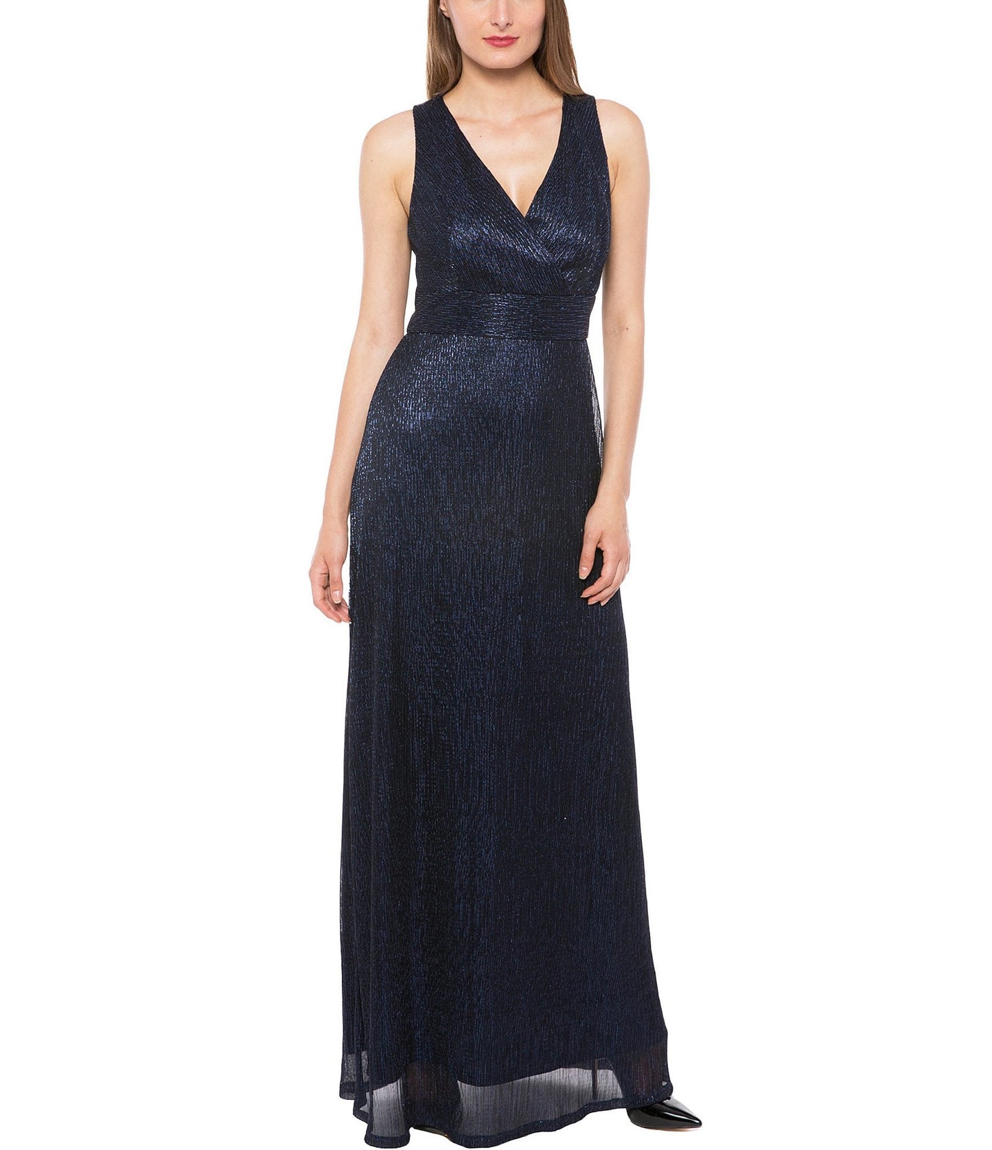 Formal Dresses Long Pleated Metallic Waist Shirring Dress Navy