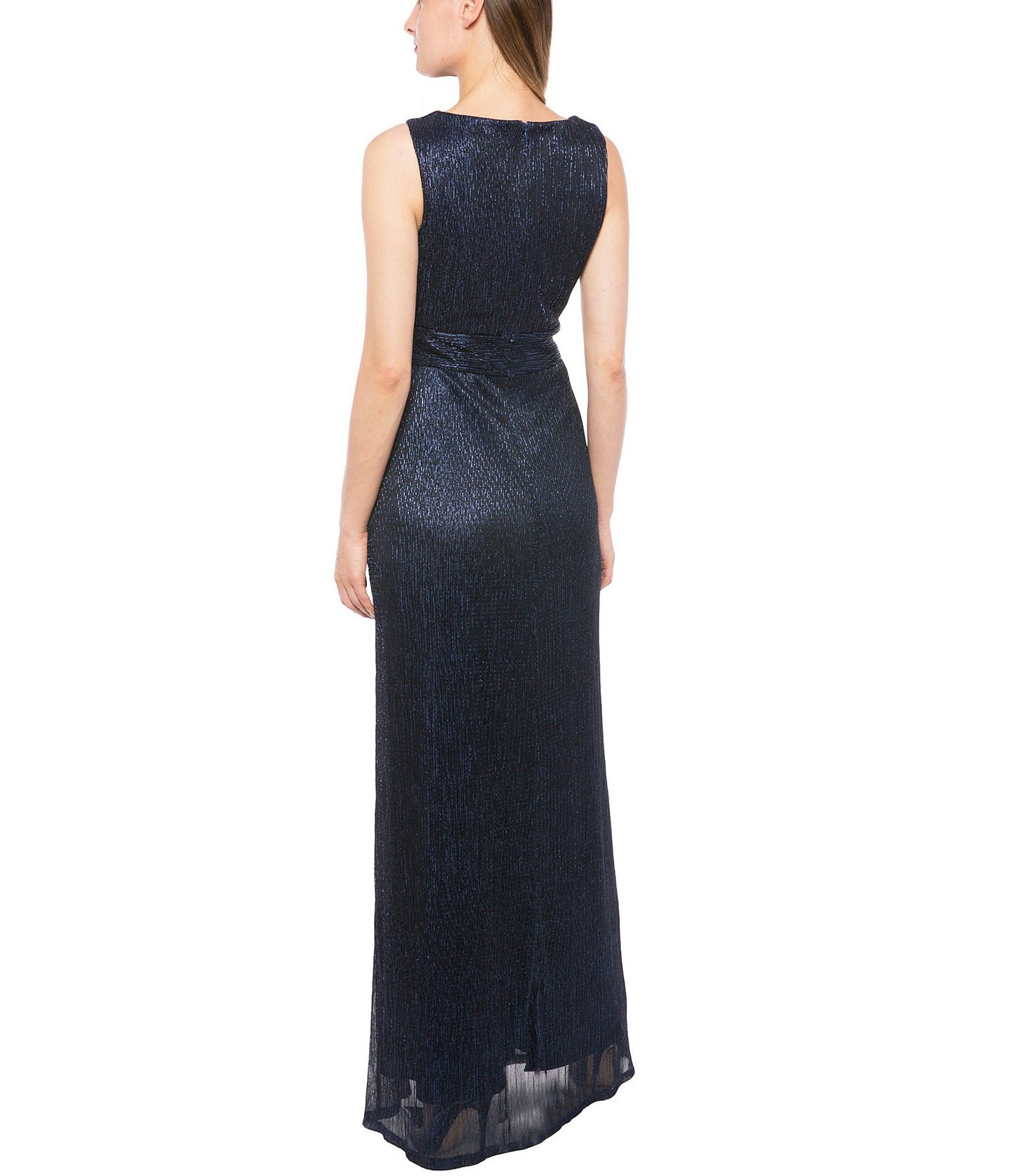 Formal Dresses Long Pleated Metallic Waist Shirring Dress Navy