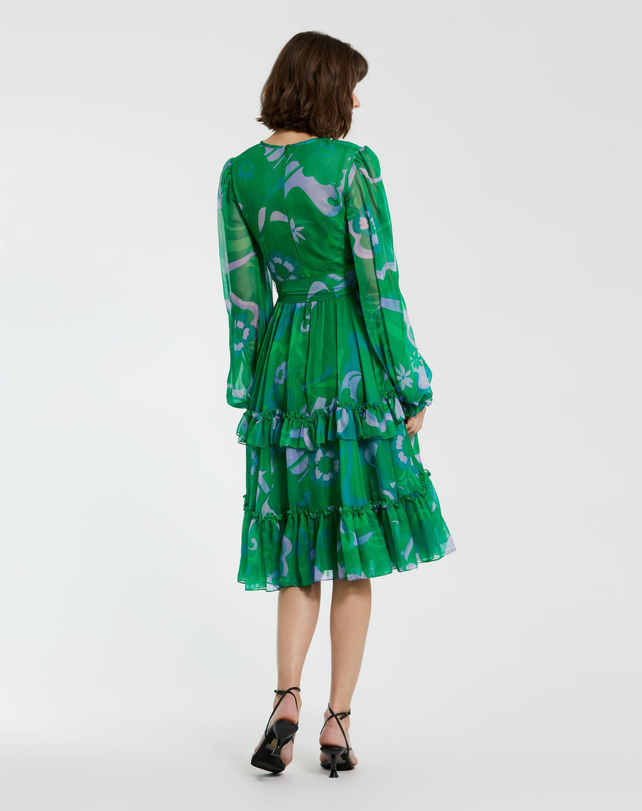 Cocktail Dresses Short Cocktail Long Sleeve Ruffle Dress Green Multi