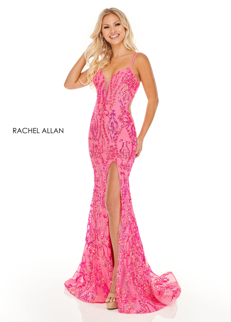 Prom Dresses Fitted Sequins Long Prom Dress Neon Pink