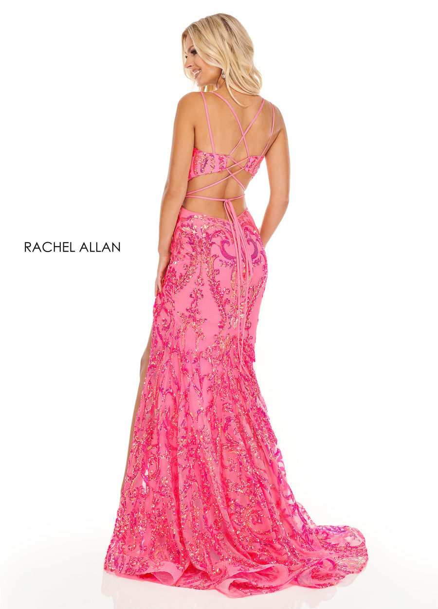 Prom Dresses Fitted Sequins Long Prom Dress Neon Pink