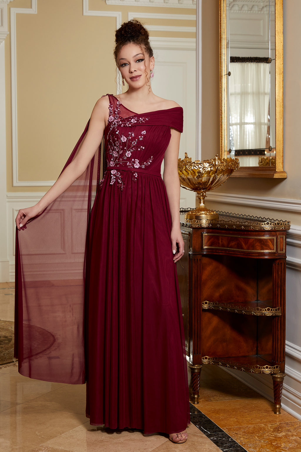 Mother of the Bride Dresses Formal Evening Cape Long Gown Wine