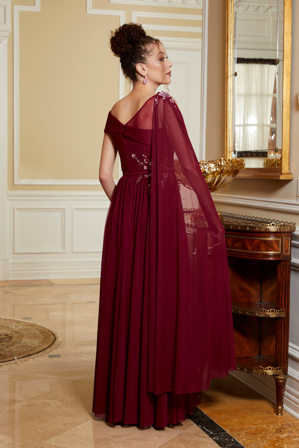 Mother of the Bride Dresses Formal Evening Cape Long Gown Wine