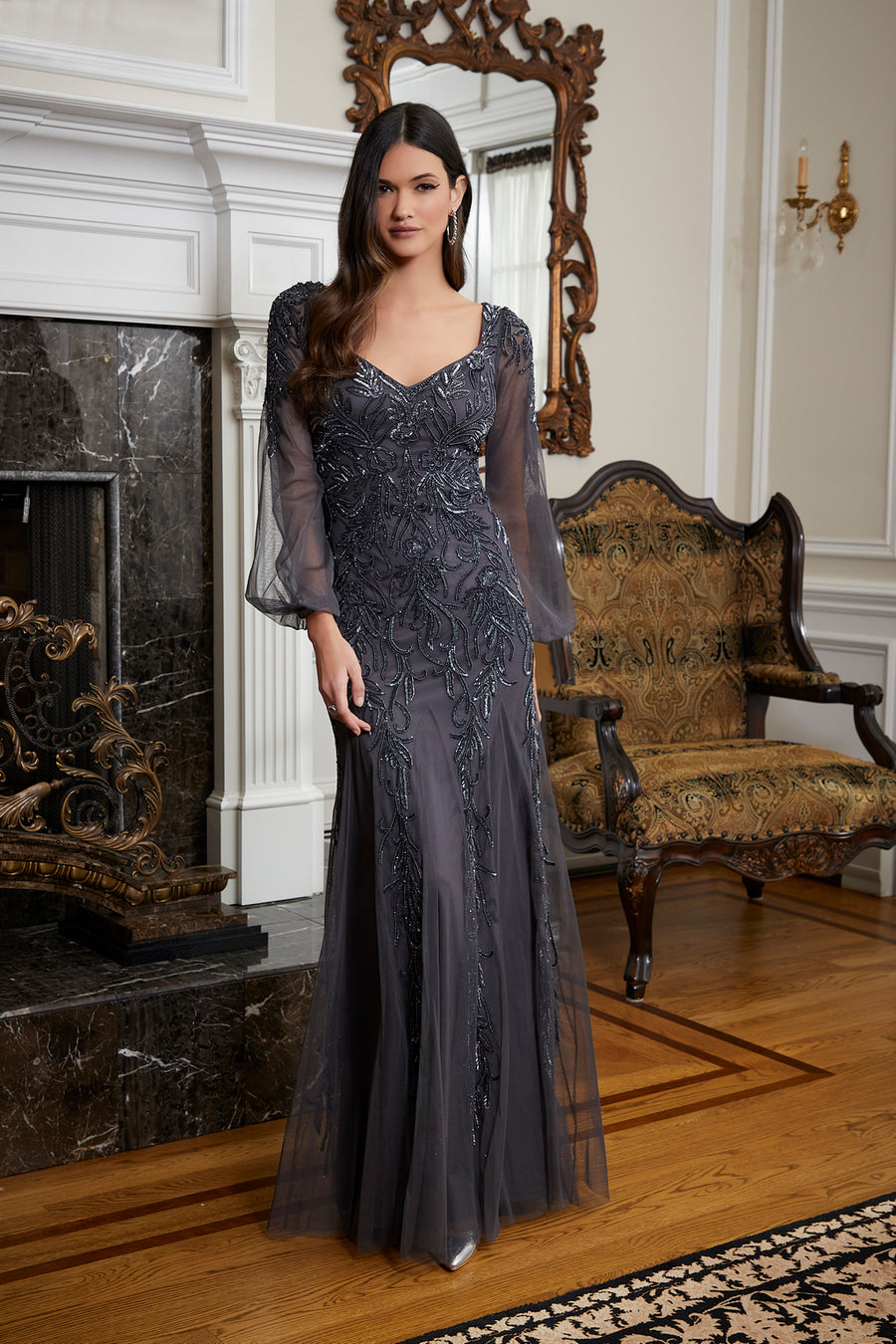 Mother of the Bride Dresses Long Sleeve Formal Evening Dress Charcoal