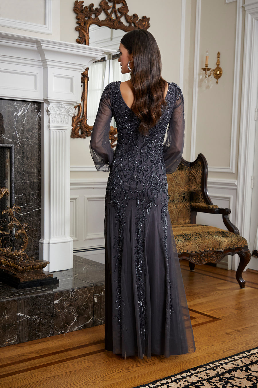 Mother of the Bride Dresses Long Sleeve Formal Evening Dress Charcoal