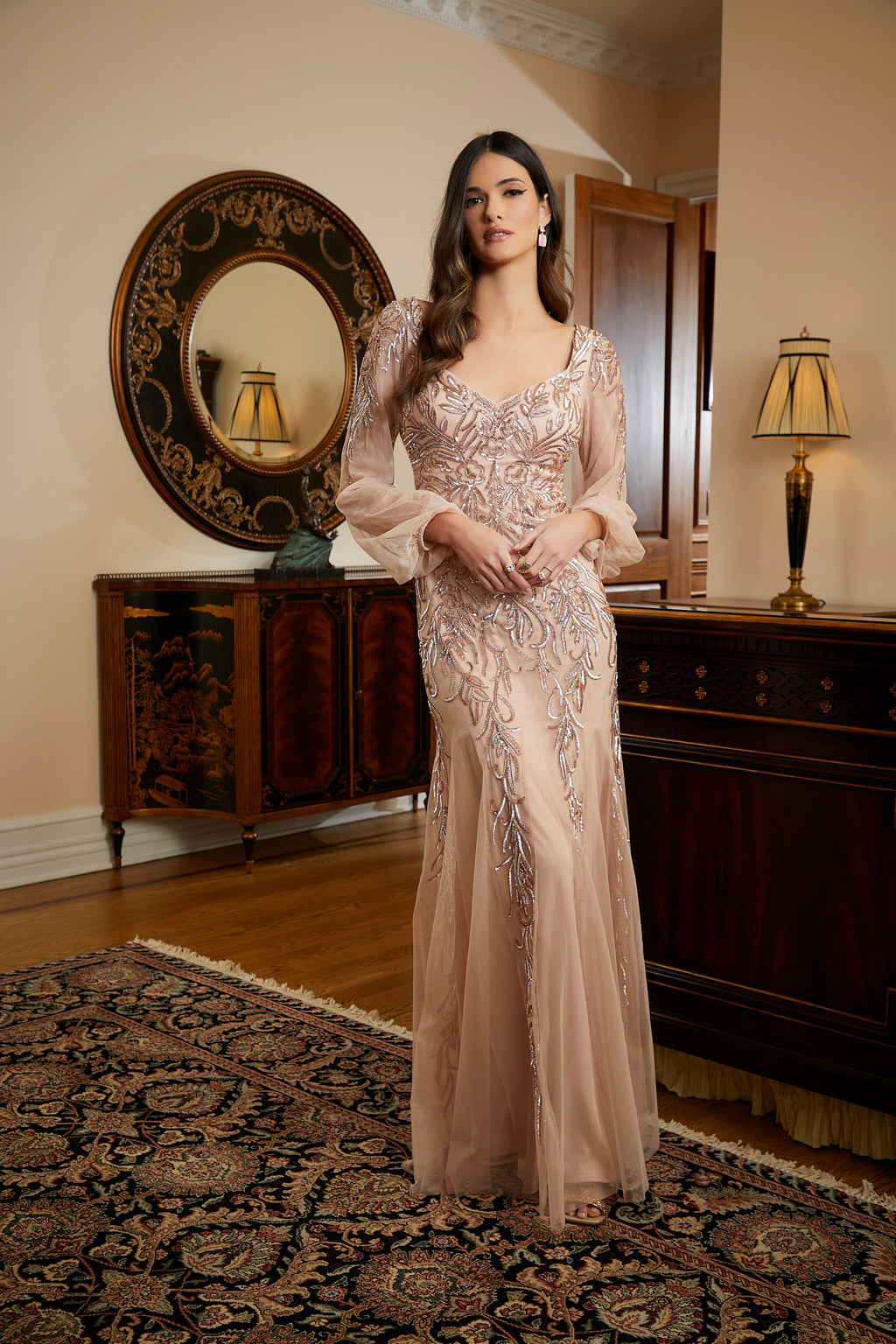 Mother of the Bride Dresses Long Sleeve Formal Evening Dress Rose Gold