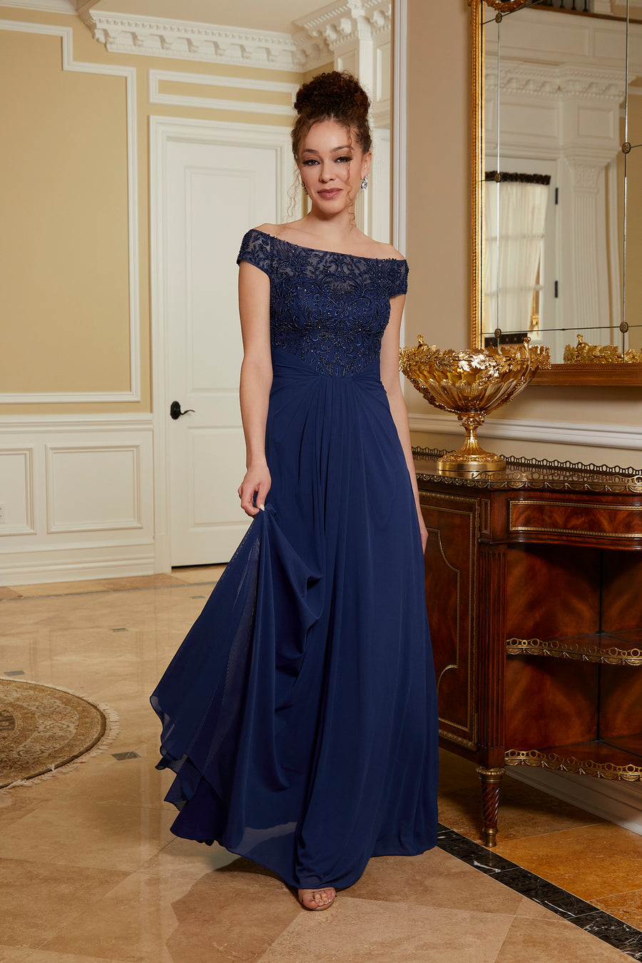 Mother of the Bride Dresses Evening Long Gown Beaded Formal Dress Navy