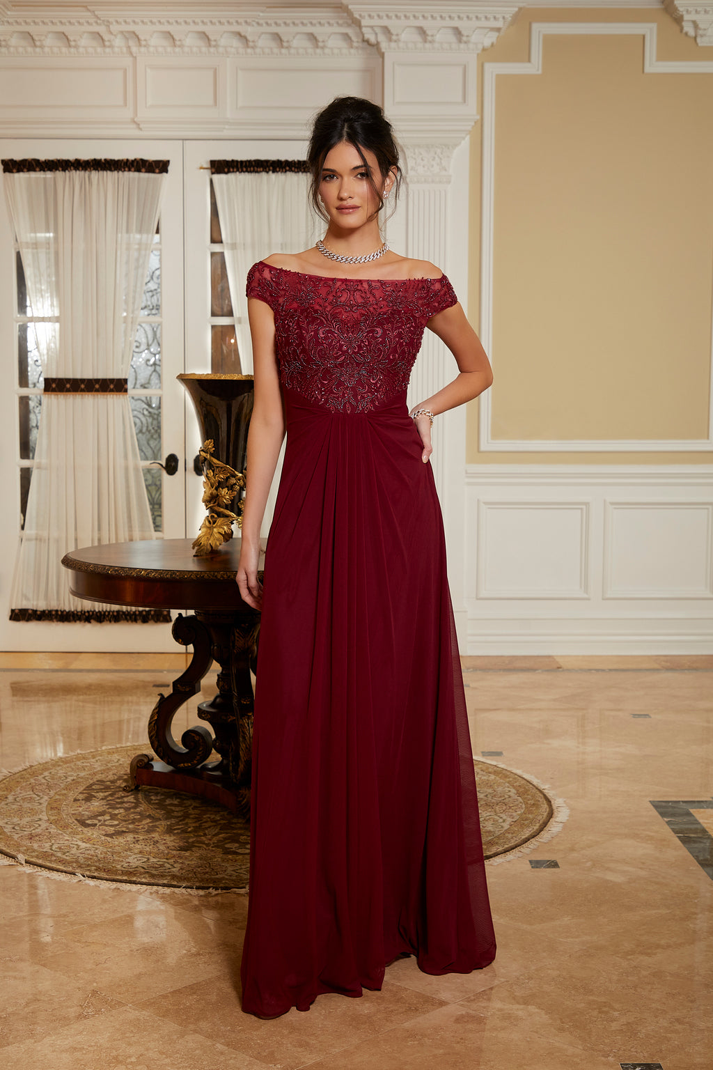 Mother of the Bride Dresses Evening Long Gown Beaded Formal Dress Wine