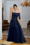 Formal Dresses Long Formal Gown with Detachable Overskirt Navy