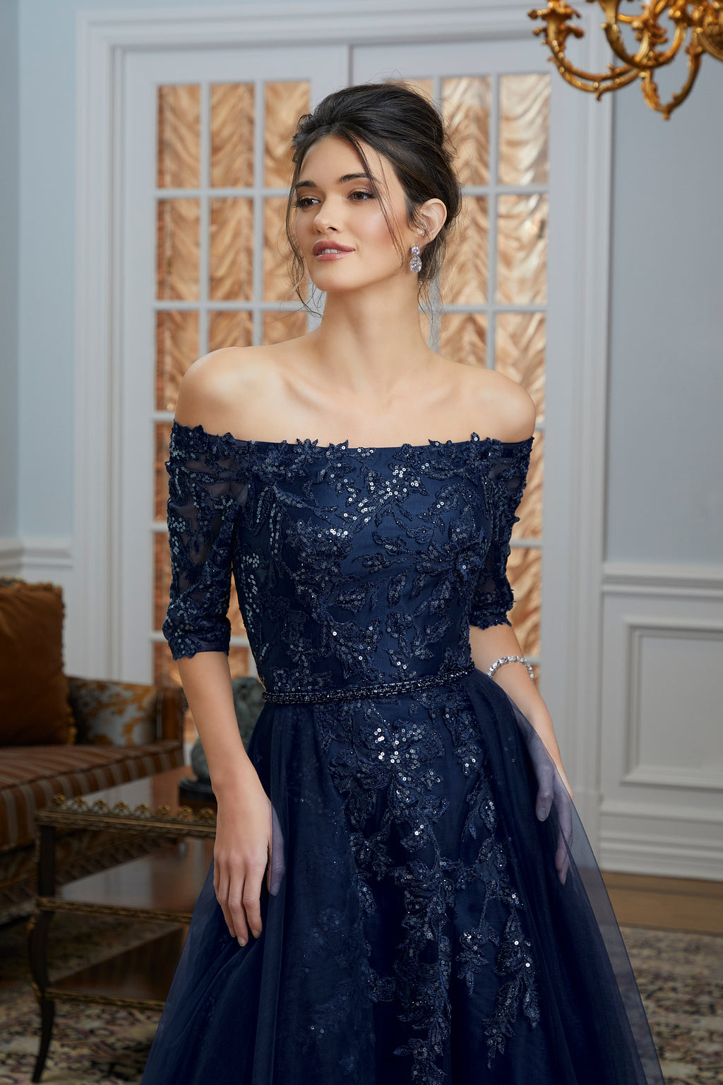 Formal Dresses Long Formal Gown with Detachable Overskirt Navy