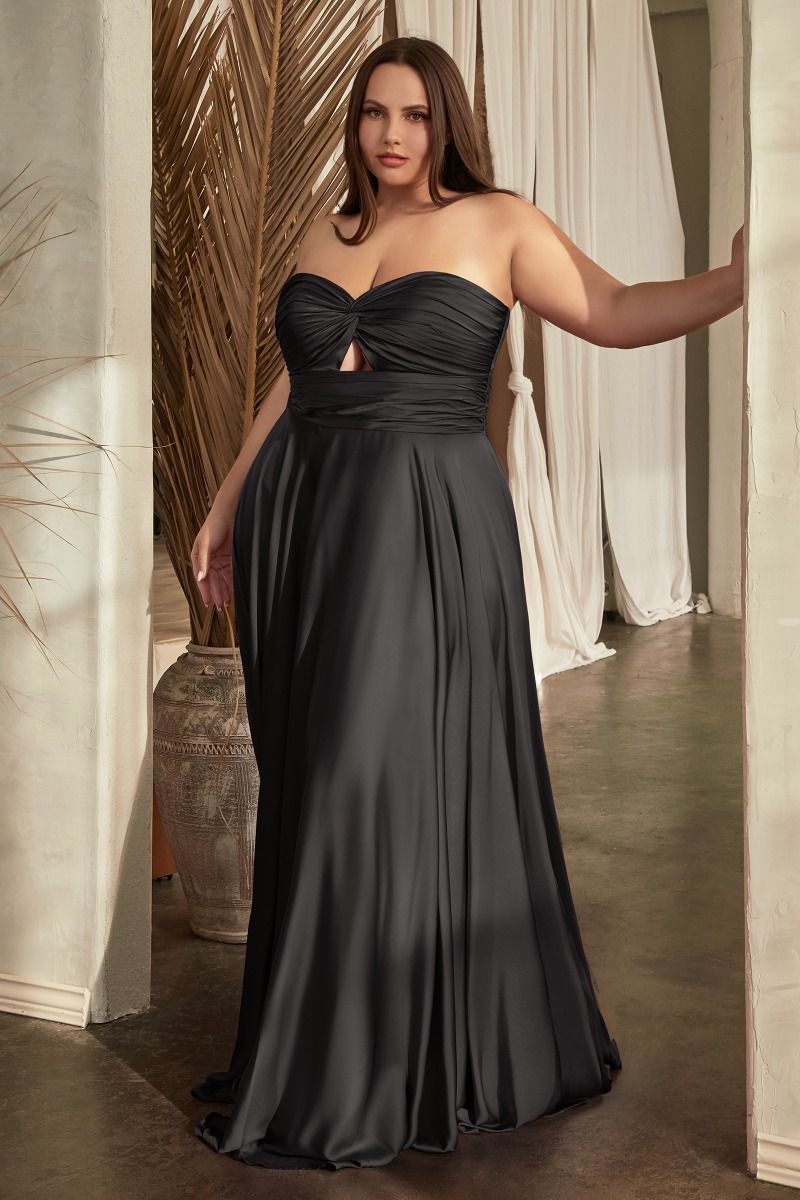 Plus Size Long Formal Strapless Satin A Line Prom Dress Black