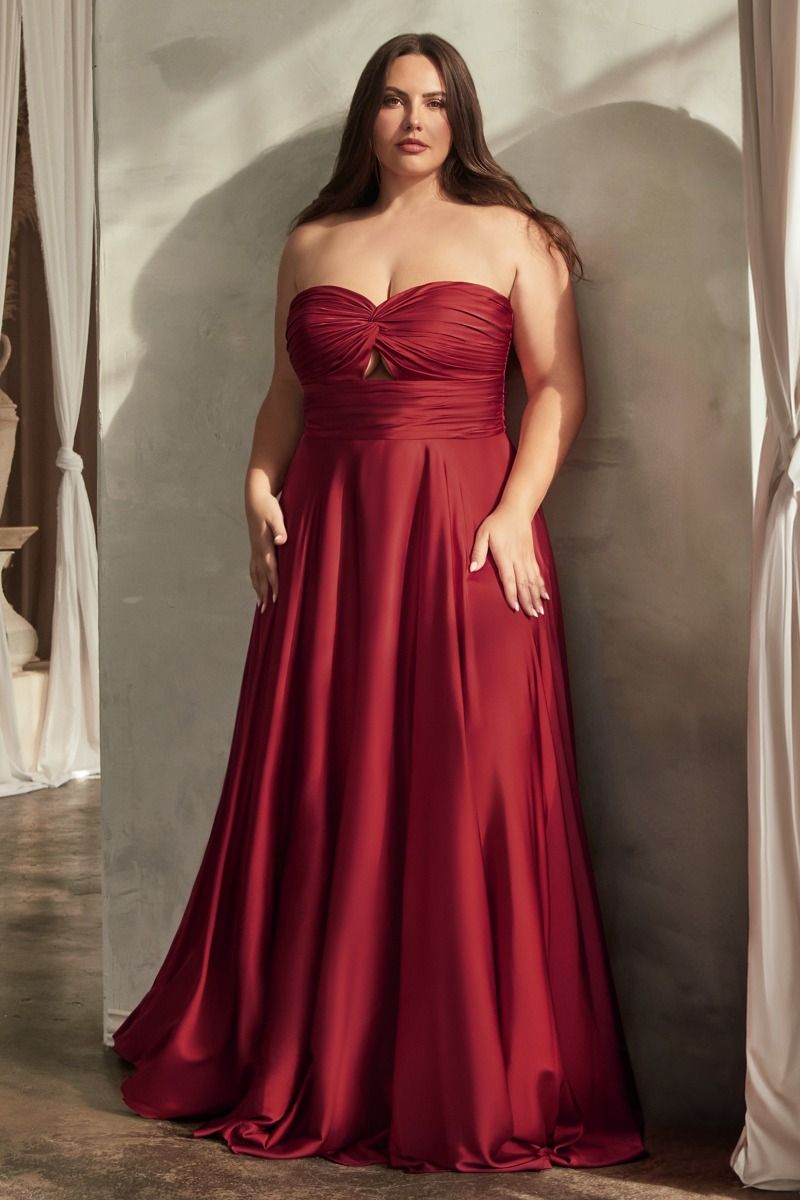 Plus Size Long Formal Strapless Satin A Line Prom Dress Burgundy