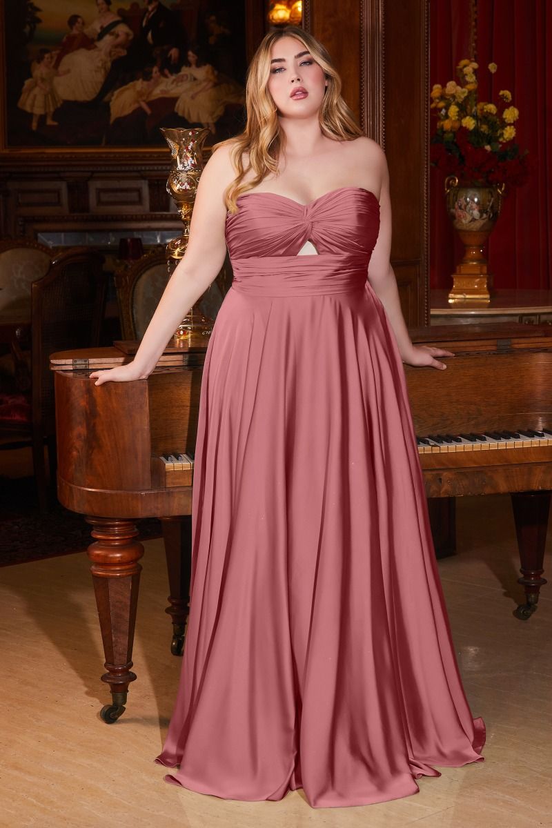 Plus Size Long Formal Strapless Satin A Line Prom Dress Mauve Rose