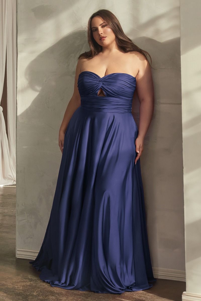 Plus Size Long Formal Strapless Satin A Line Prom Dress Navy