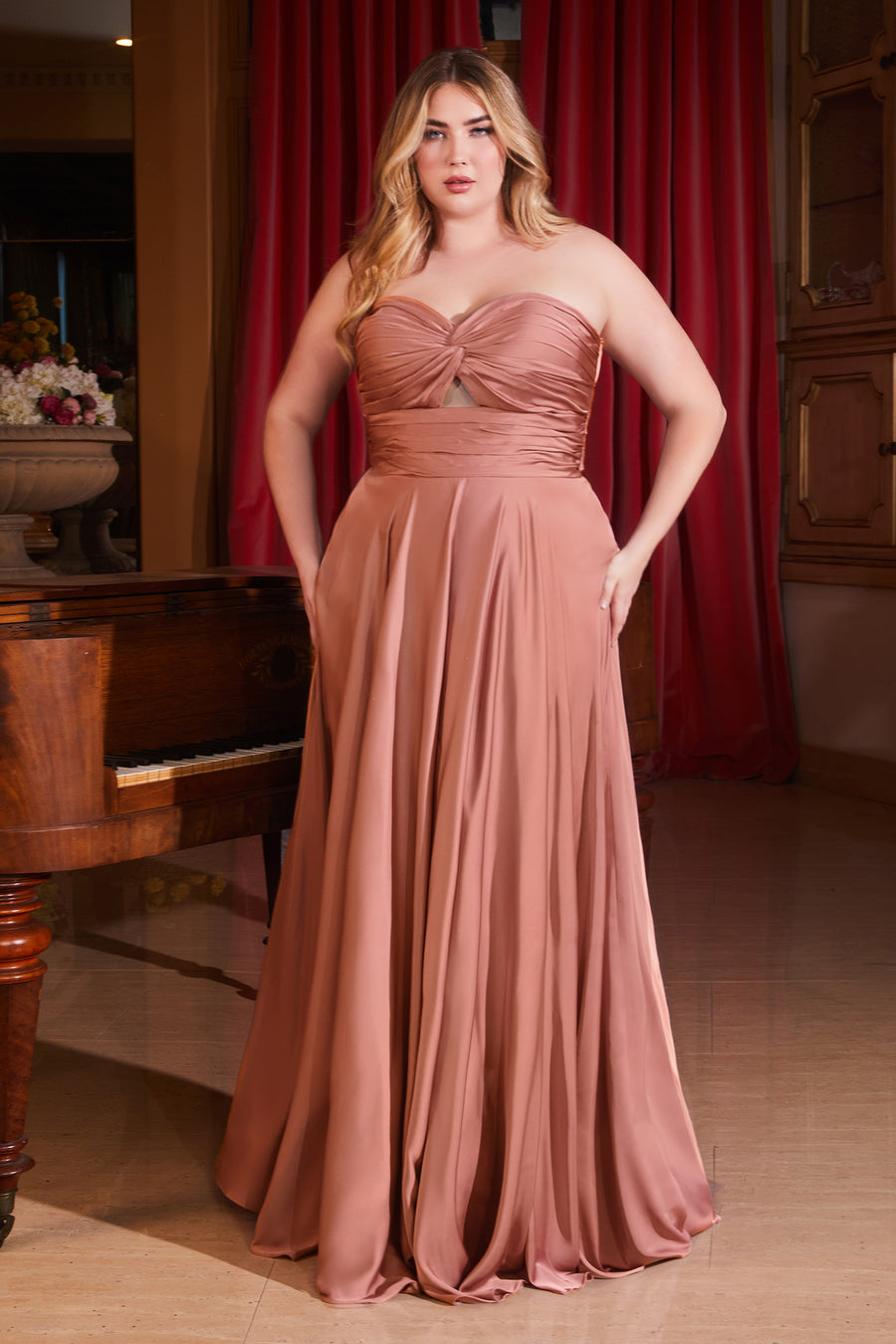 Prom Dresses Plus Size Long Formal Strapless Satin A Line Prom Dress Rose Gold