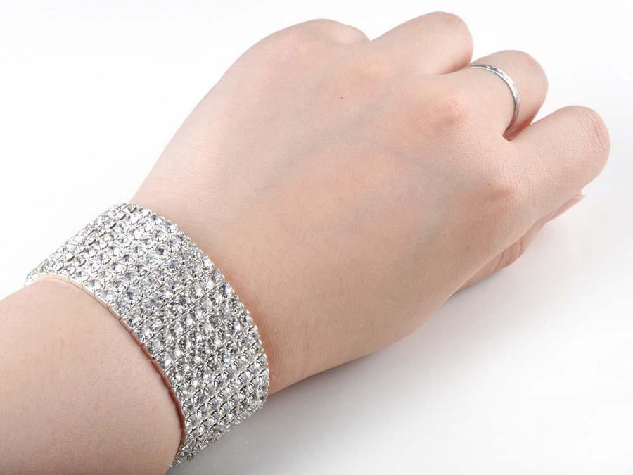 8 Rows Crystal Rhinestone Elastic Bridal Bracelet - The Dress Outlet AM