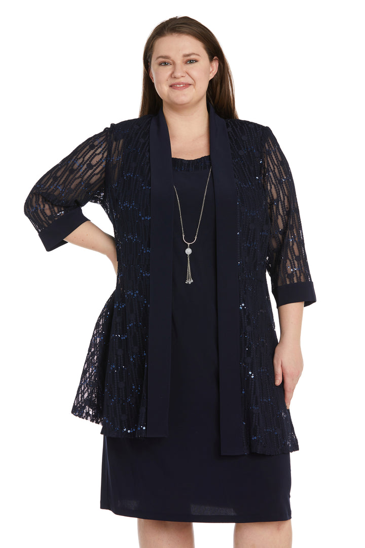 Mother of the Bride Dresses Plus Size Mesh Patterned Short Jacket Dress Navy