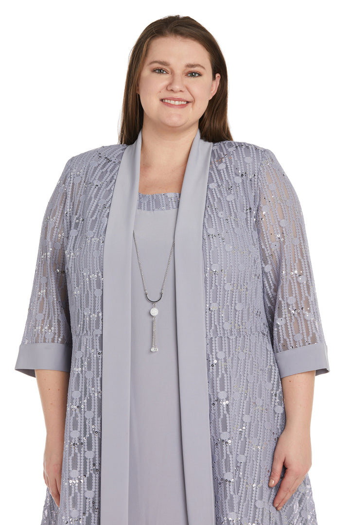 Mother of the Bride Dresses Plus Size Mesh Patterned Short Jacket Dress Silver