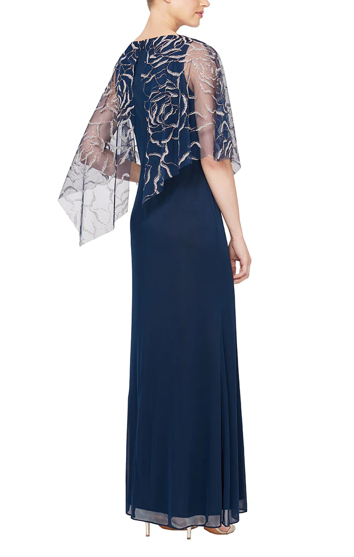 SLNY Long Formal Beaded Cape Evening Dress - The Dress Outlet