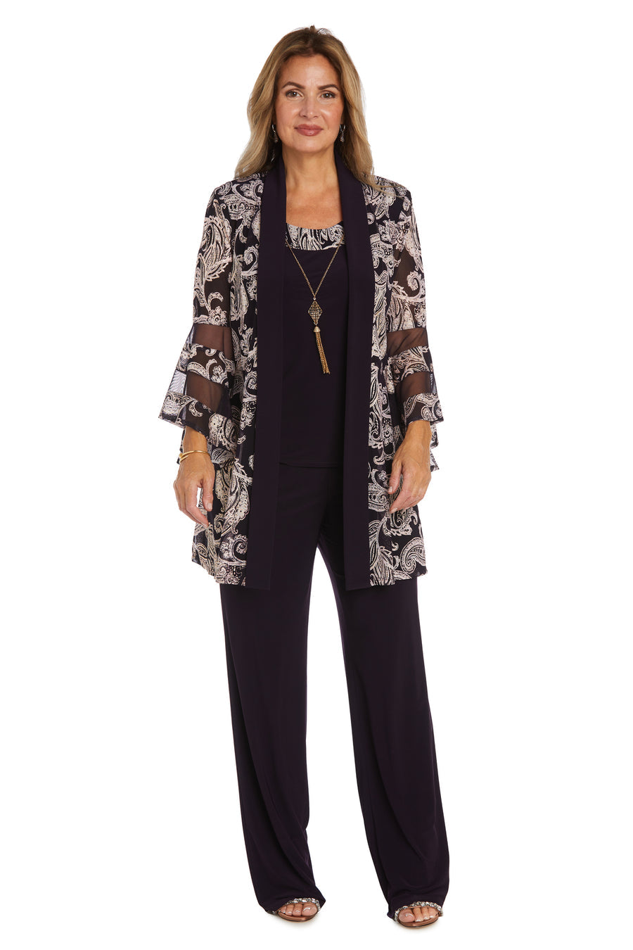 Pant Suit Two Piece Mock Print Foil Pant Set Plum