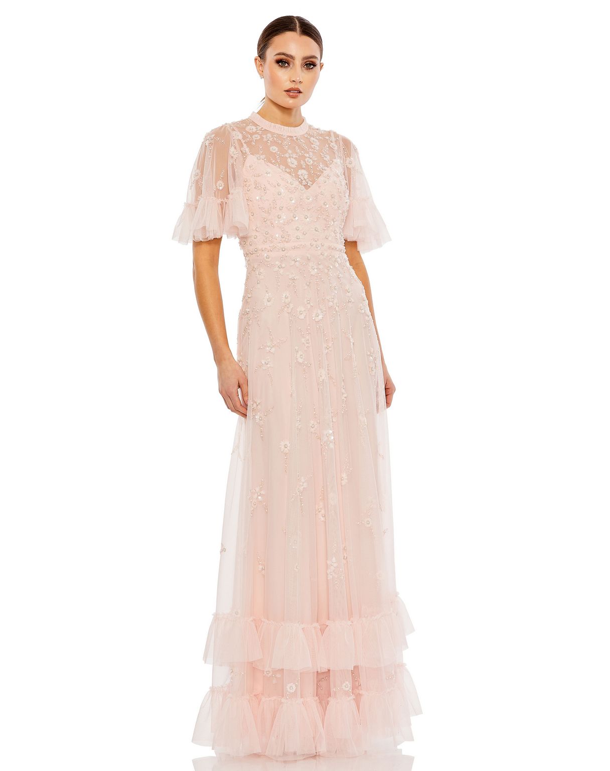 Formal Dresses Long Formal Beaded Short Sleeve Dress Peach