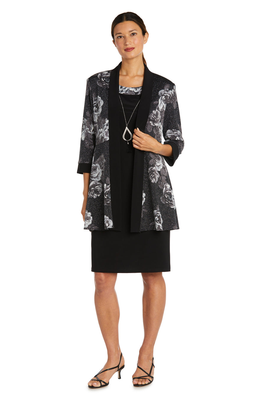 Mother of the Bride Dresses Printed Short Jacket Dress Black Silver