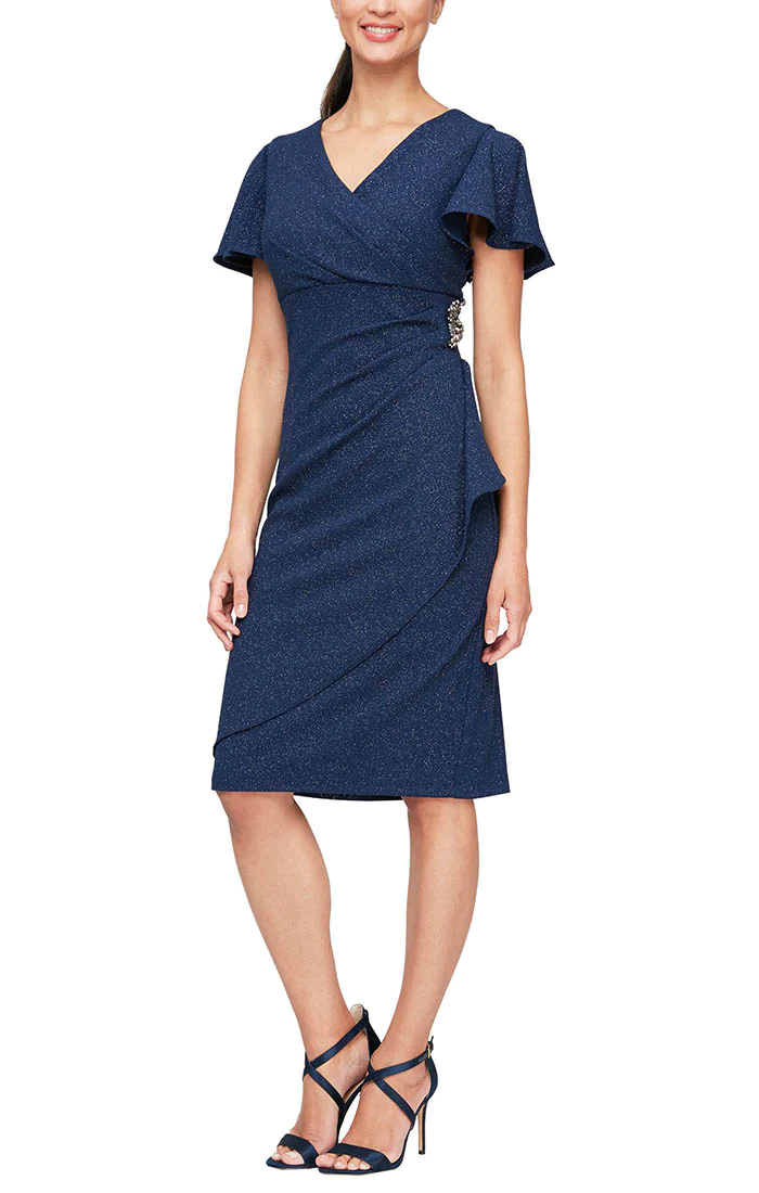 Cocktail Dresses Metallic Knit Short Cocktail Dress Navy