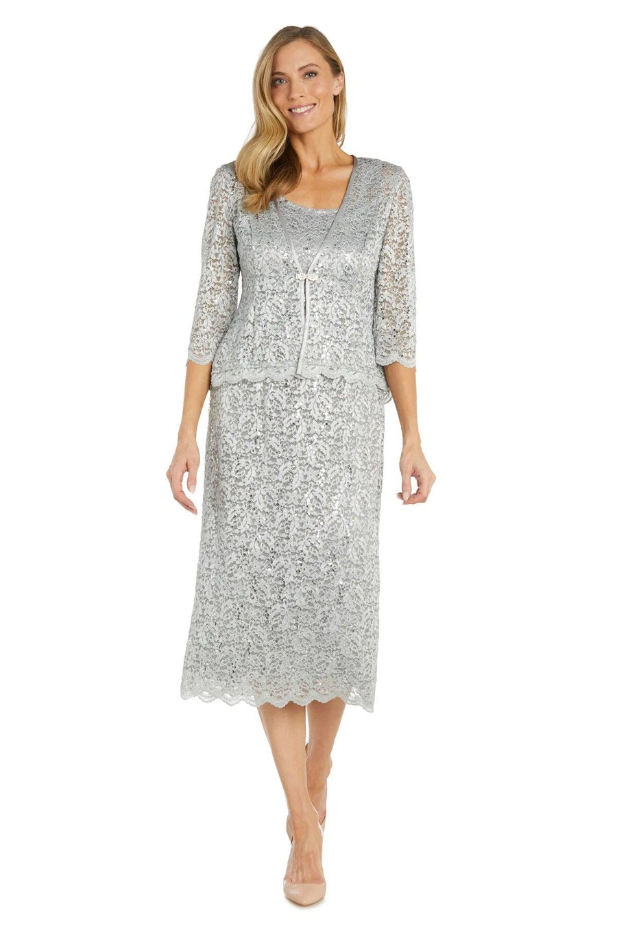 Mother of the Bride Dresses Mother of the Bride Lace Jacket Midi Dress Silver