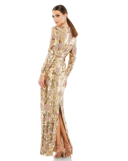 Formal Dresses Long Sleeve Sequins Formal Column Gown Gold