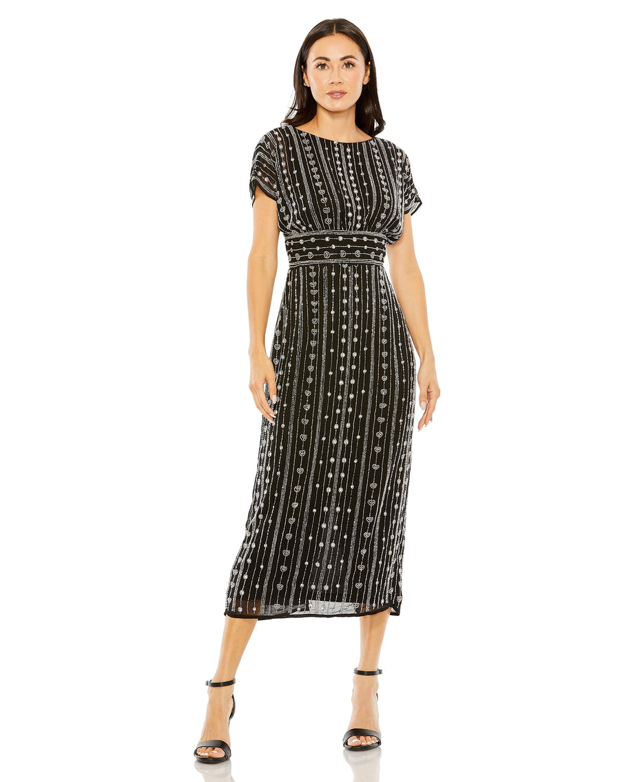 Cocktail Dress Formal Cap Sleeve Midi Length Dress Black