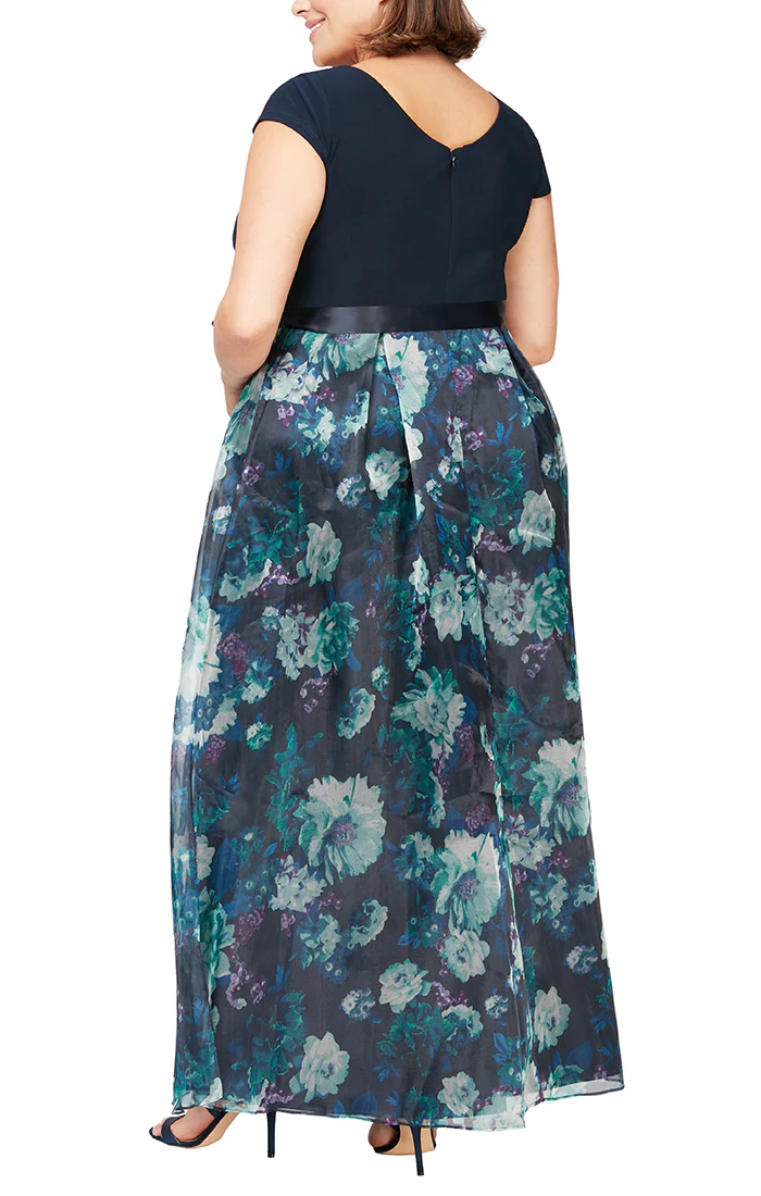 Formal Dresses Plus Size Floral Printed Organza Skirt Long Dress Navy Multi