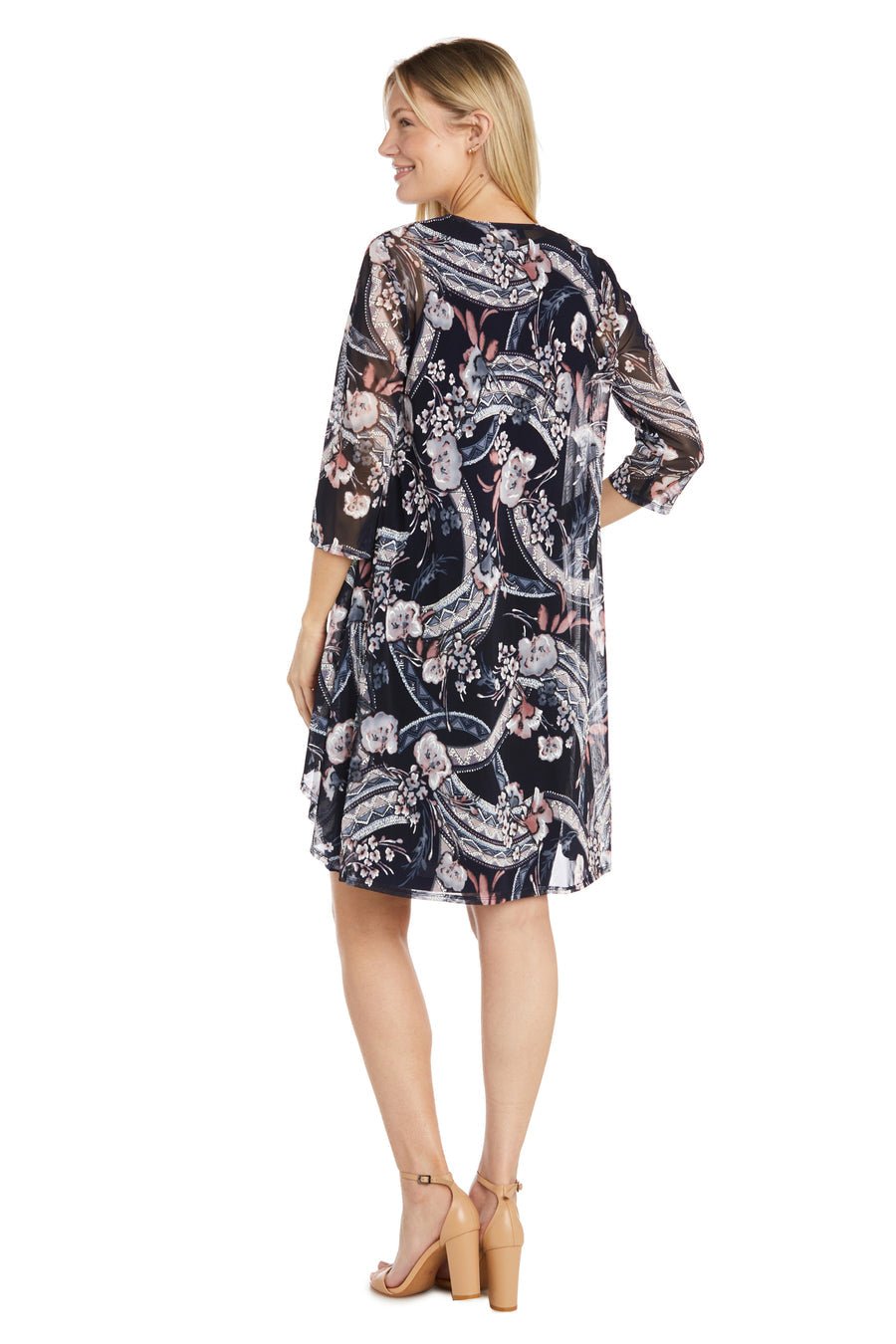 Mother of the Bride Dresses Puff Print Short Jacket Dress Navy Rose