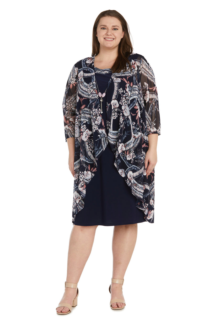 Mother of the Bride Dresses Plus Size Puff Print Short Jacket Dress Navy Rose