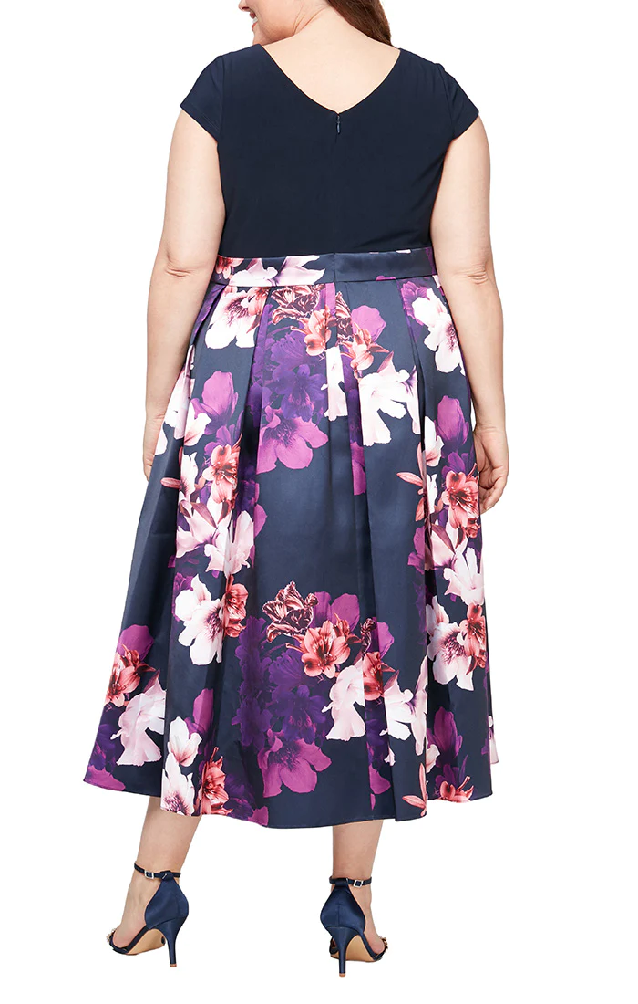 Formal Dresses Plus Size Printed Silk Skirt Long Party Dress Navy Multi