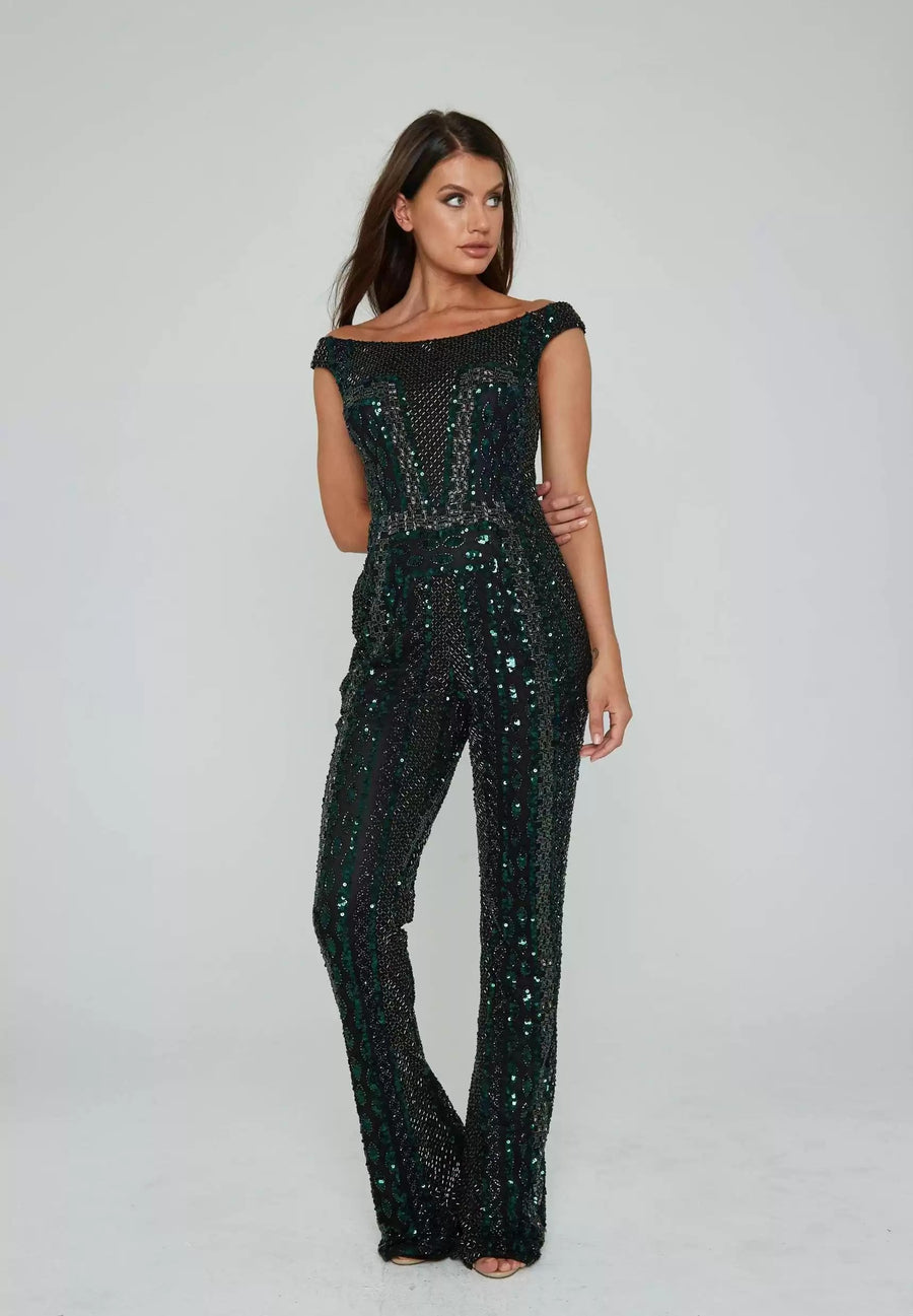 Jumpsuit Long Beaded Formal Jumpsuit Nebula Green