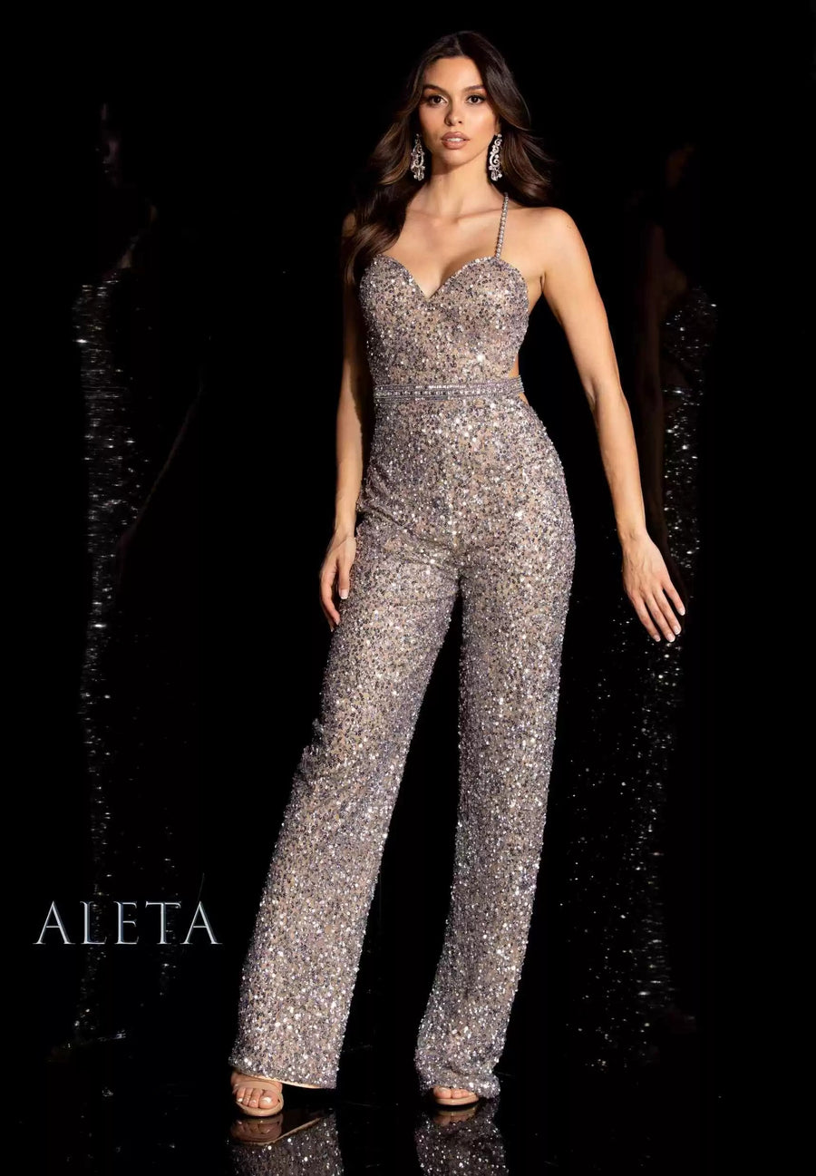 Jumpsuit Sequins Long Open Back Evening Jumpsuit Lead/Silver