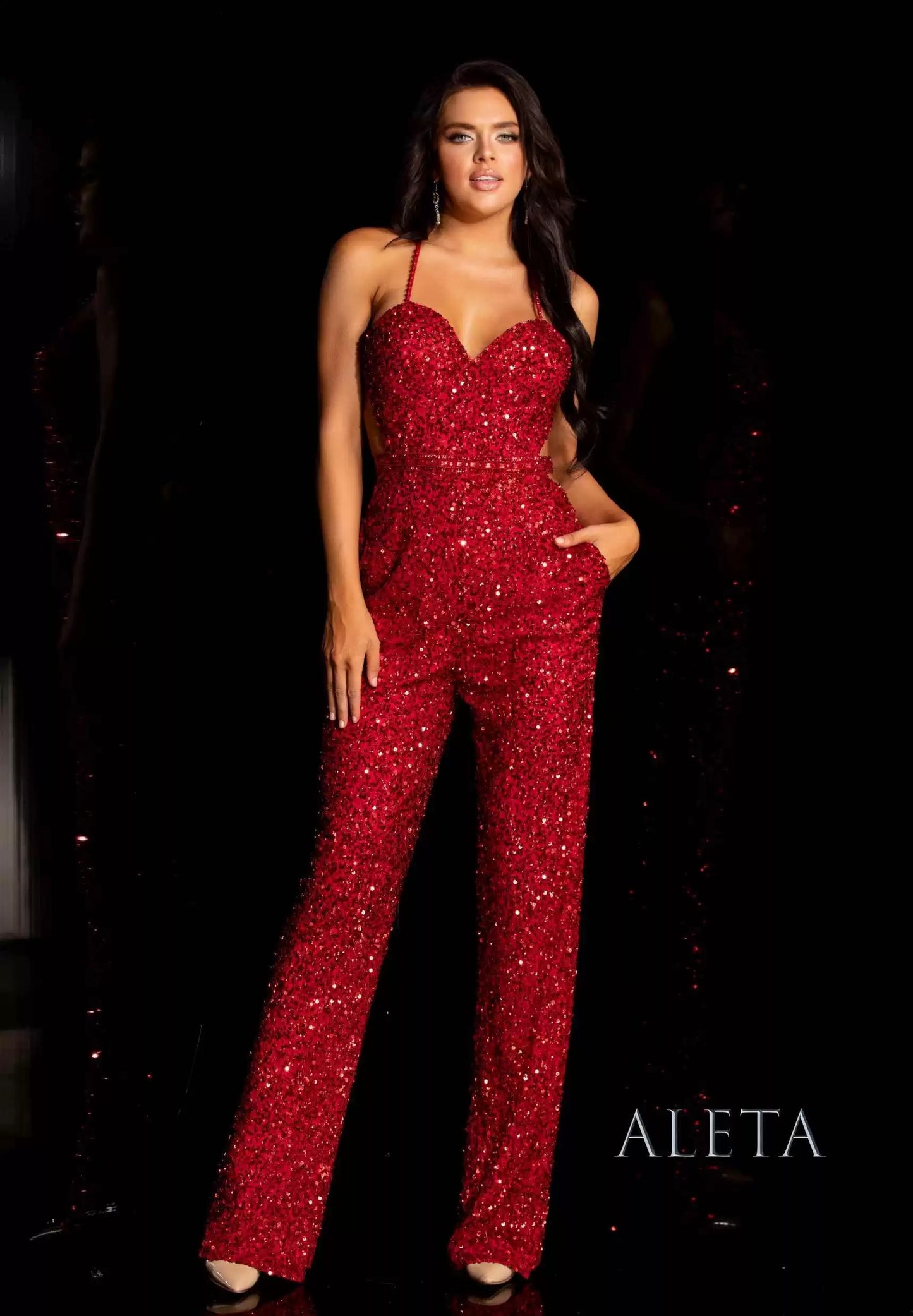 Jumpsuit Sequins Long Open Back Evening Jumpsuit Red