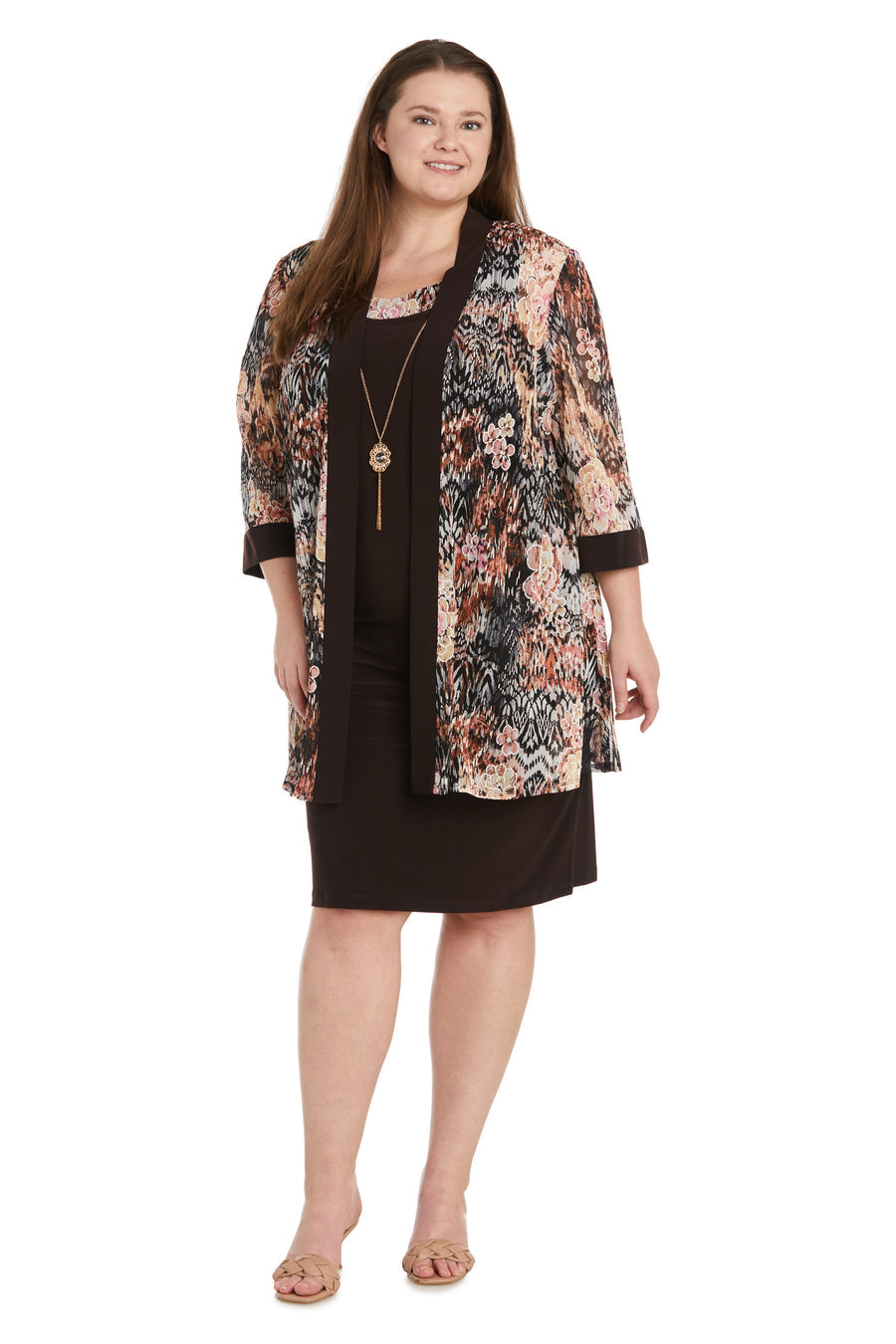 Mother of the Bride Dresses Floral Print Short Plus Size Jacket Dress Brown