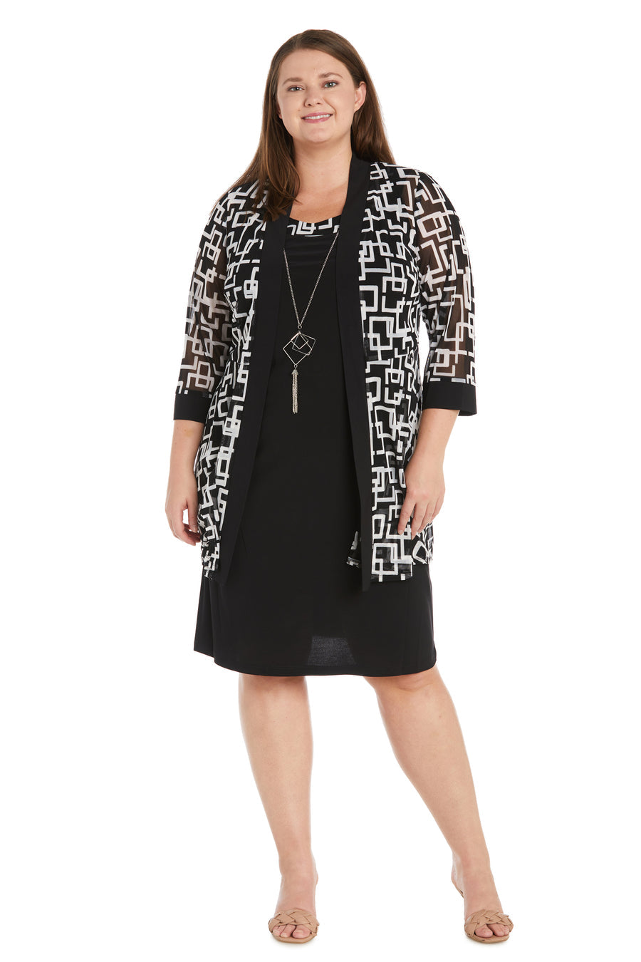 Mother of the Bride Dresses Plus Size Two Piece Short Puff Print Jacket Dress Black White