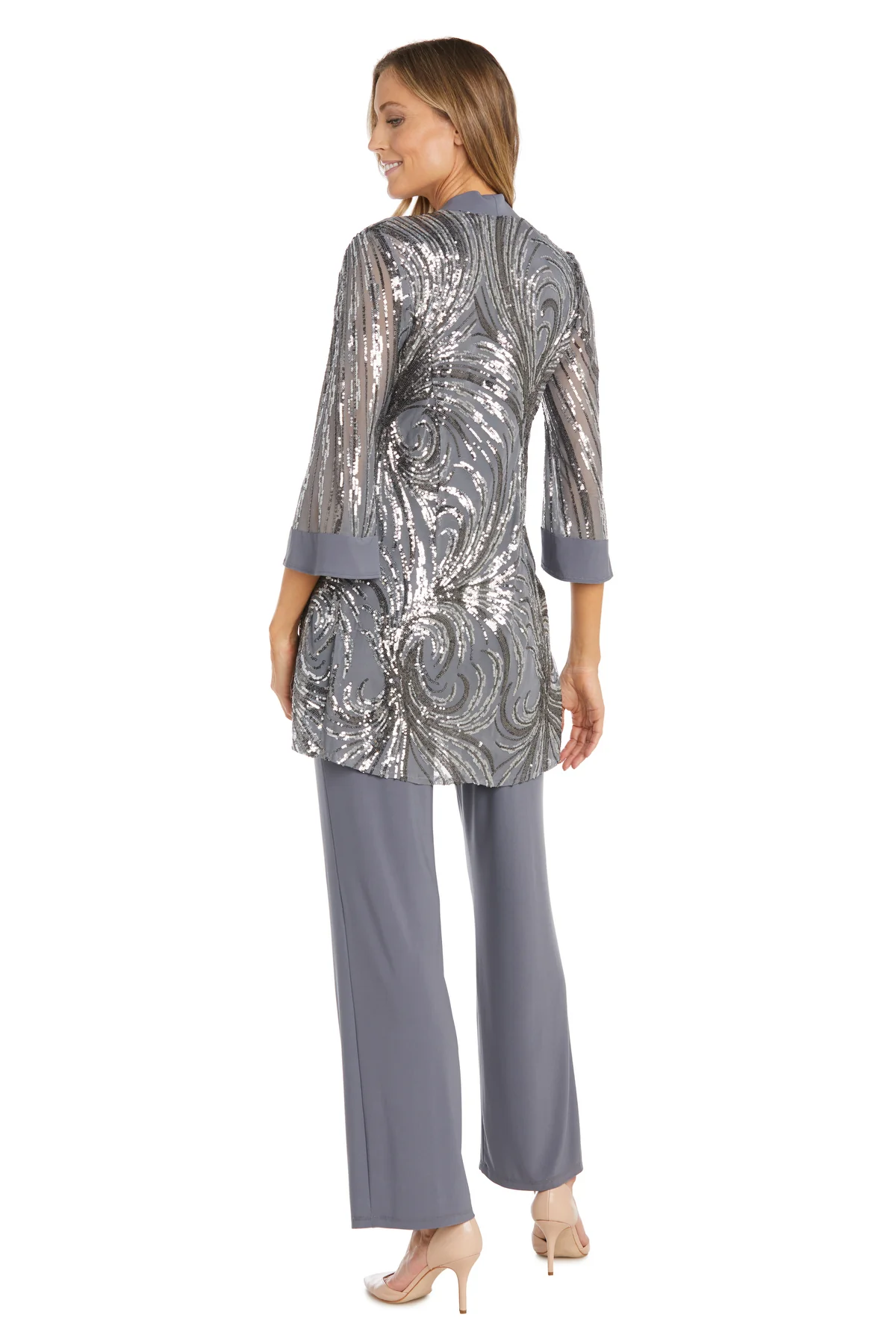 Pant Suit Long Sequins Jacket Dress Pant Set Gunmetal