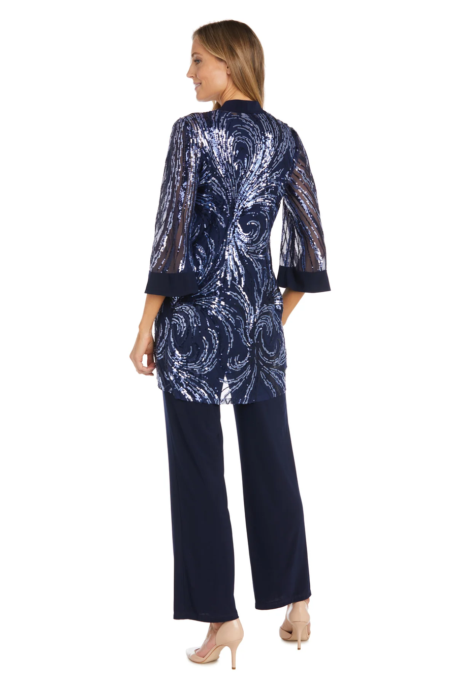 Pant Suit Long Sequins Jacket Dress Pant Set Navy Periwinkle