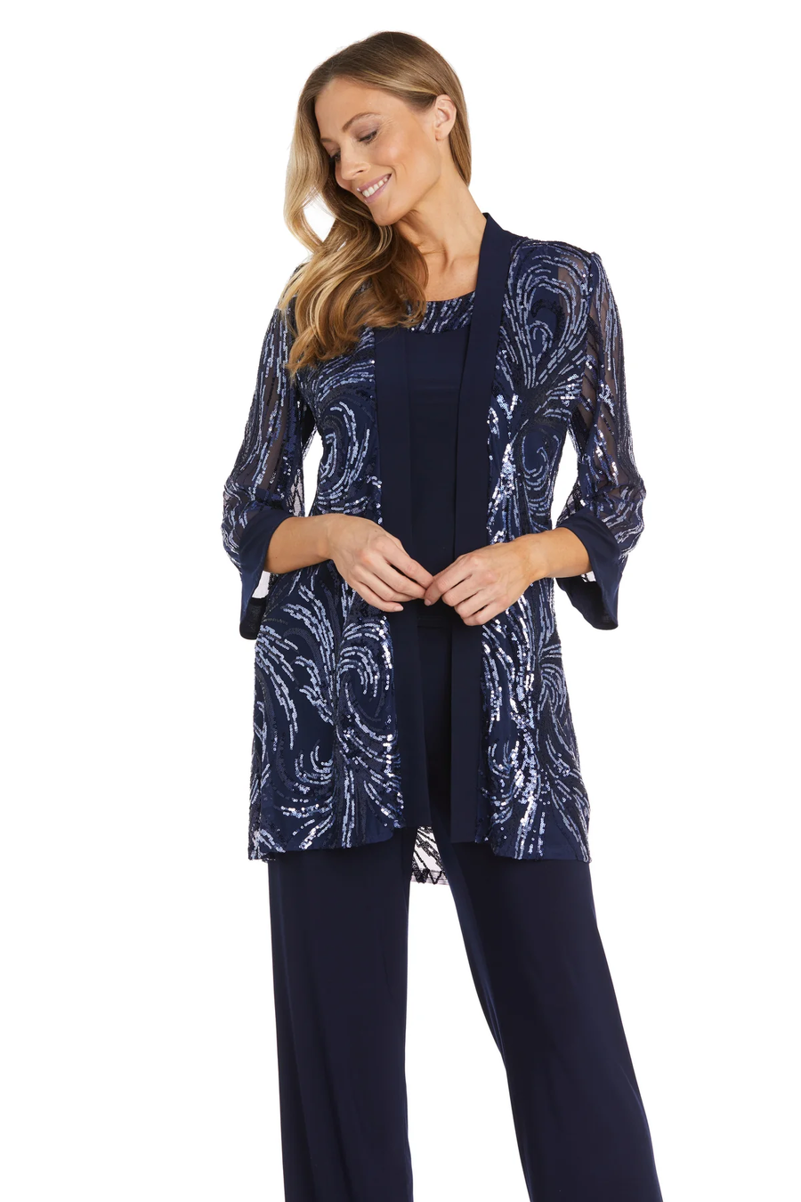 Pant Suit Long Sequins Jacket Dress Pant Set Navy Periwinkle