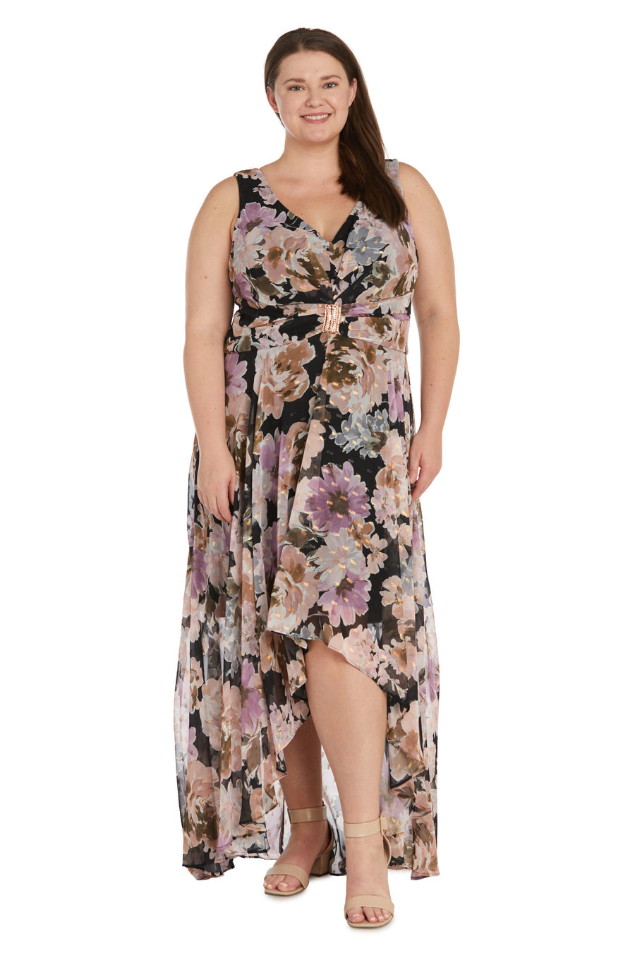 Plus Size Formal Dresses Floral Patterned High-Low Dress Black Rose Gold