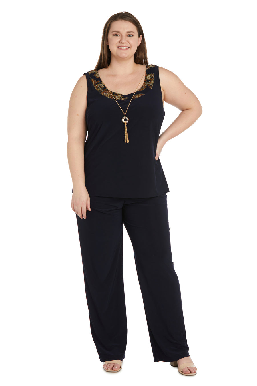 Pant Suit Plus Size Three Piece Foil Print Pant Set Navy Gold