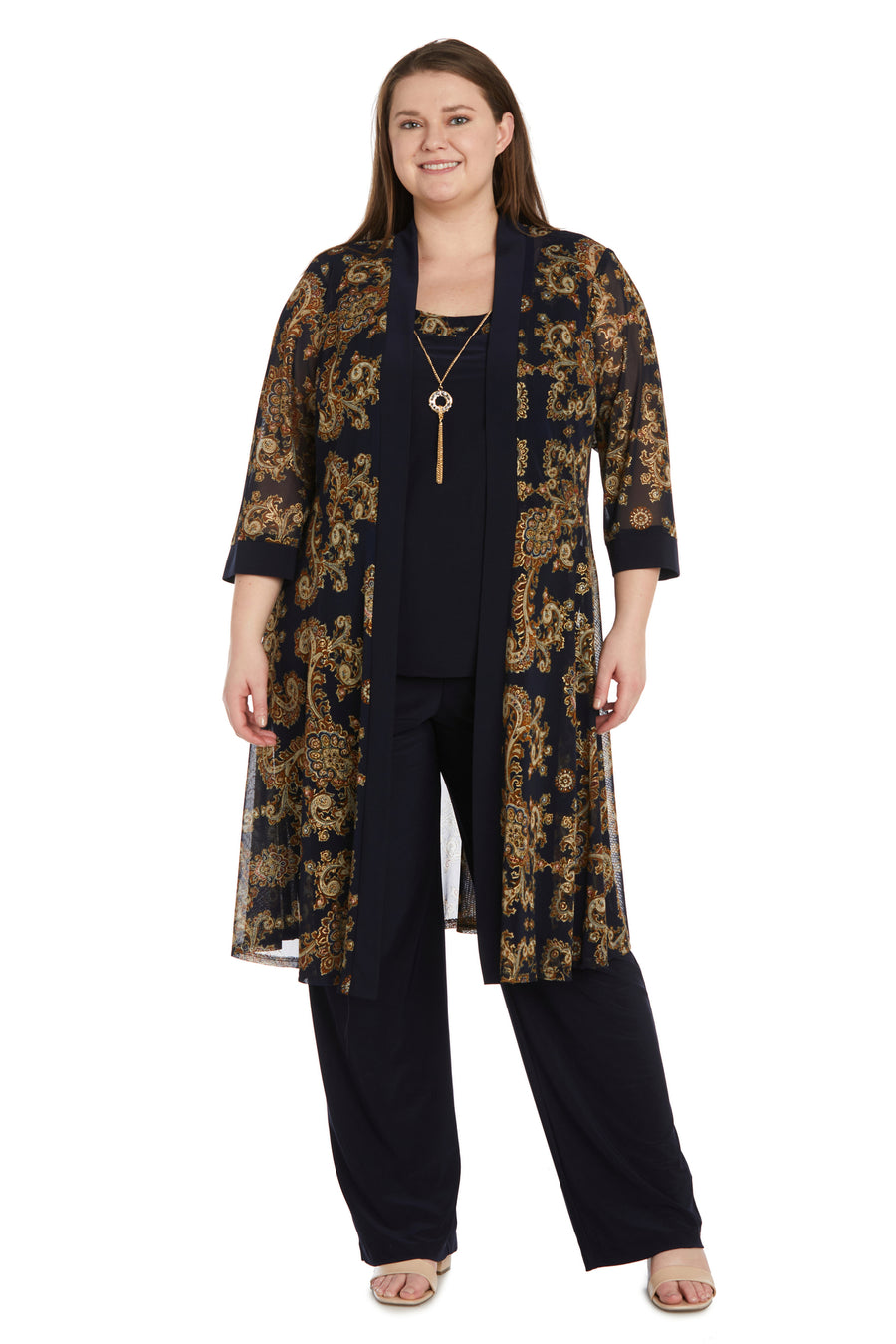 Pant Suit Plus Size Three Piece Foil Print Pant Set Navy Gold