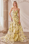 Andrea & Leo A0770 Spaghetti Strap with Organza Print Prom Dress Lemon