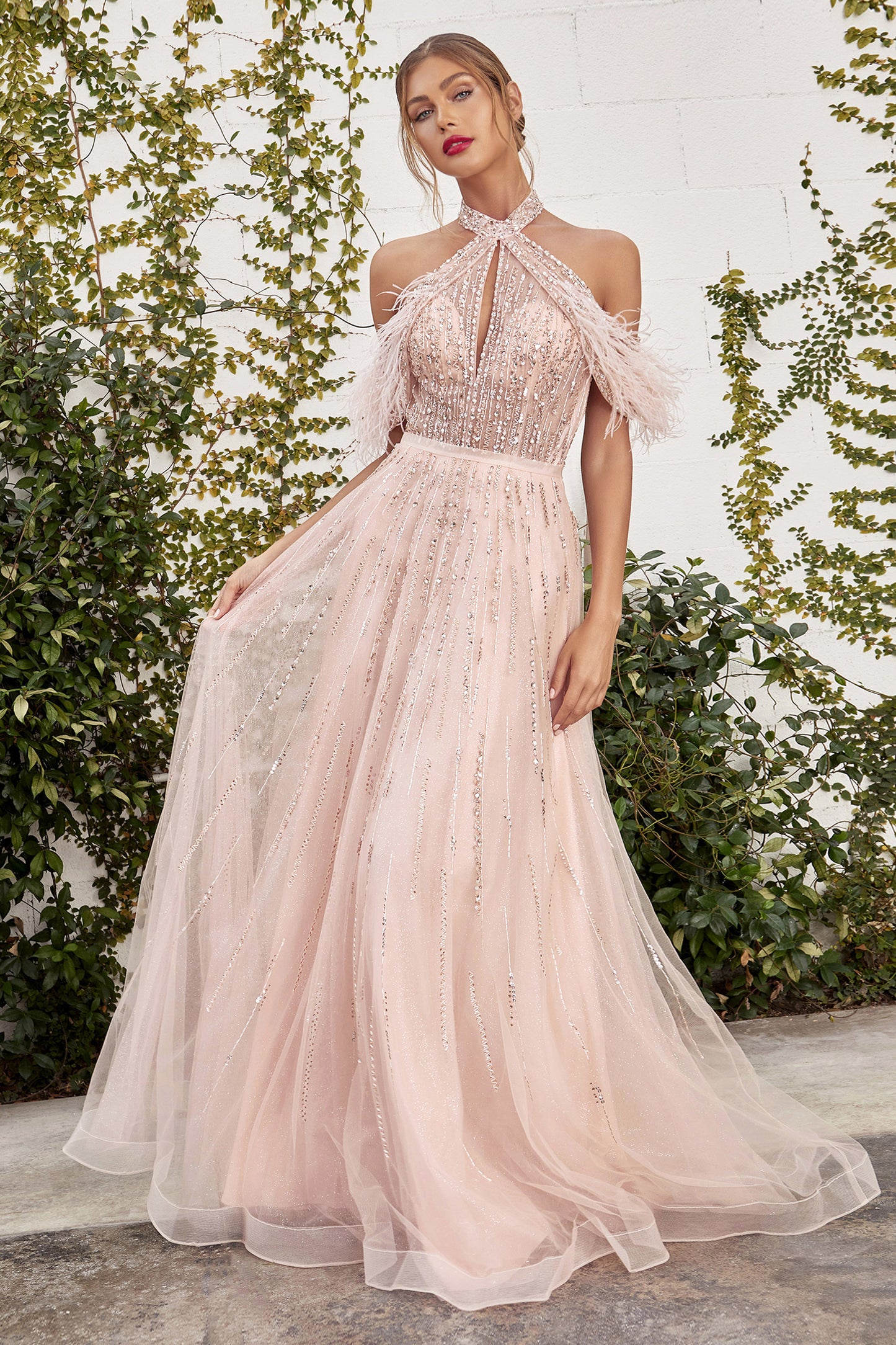 Andrea & Leo A1023 Feather Prom Long Dress Rose Gold