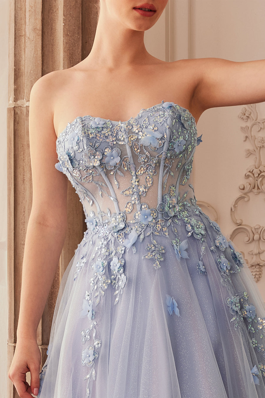 Andrea & Leo A1108 Strapless Floral Prom Gown Paris Blue