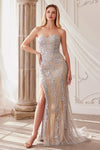 Prom Dresses Crystal Beaded Formal Prom Fitted Long Dress Silver Nude