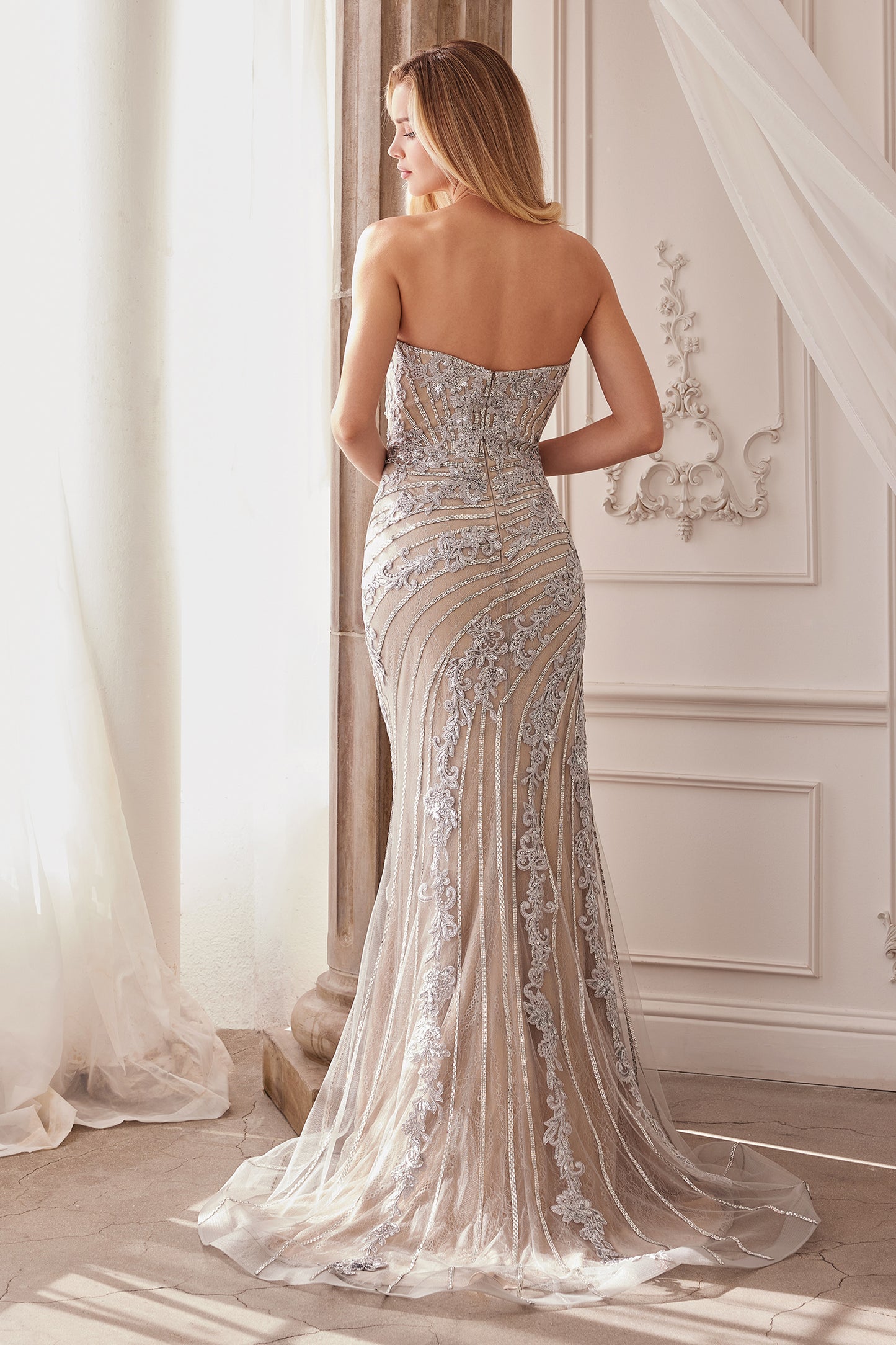 Prom Dresses Crystal Beaded Formal Prom Fitted Long Dress Silver Nude